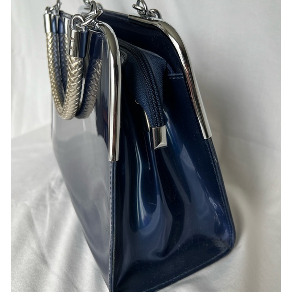 MG COLLECTION “MATANA” High Gloss Blue Faux Patent Leather Evening Satchel - Picture 3 of 11